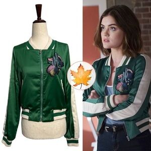 Maje • Bacary Green Cactus Patch Satin Bomber Jacket 40 ASO Aria Montgomery